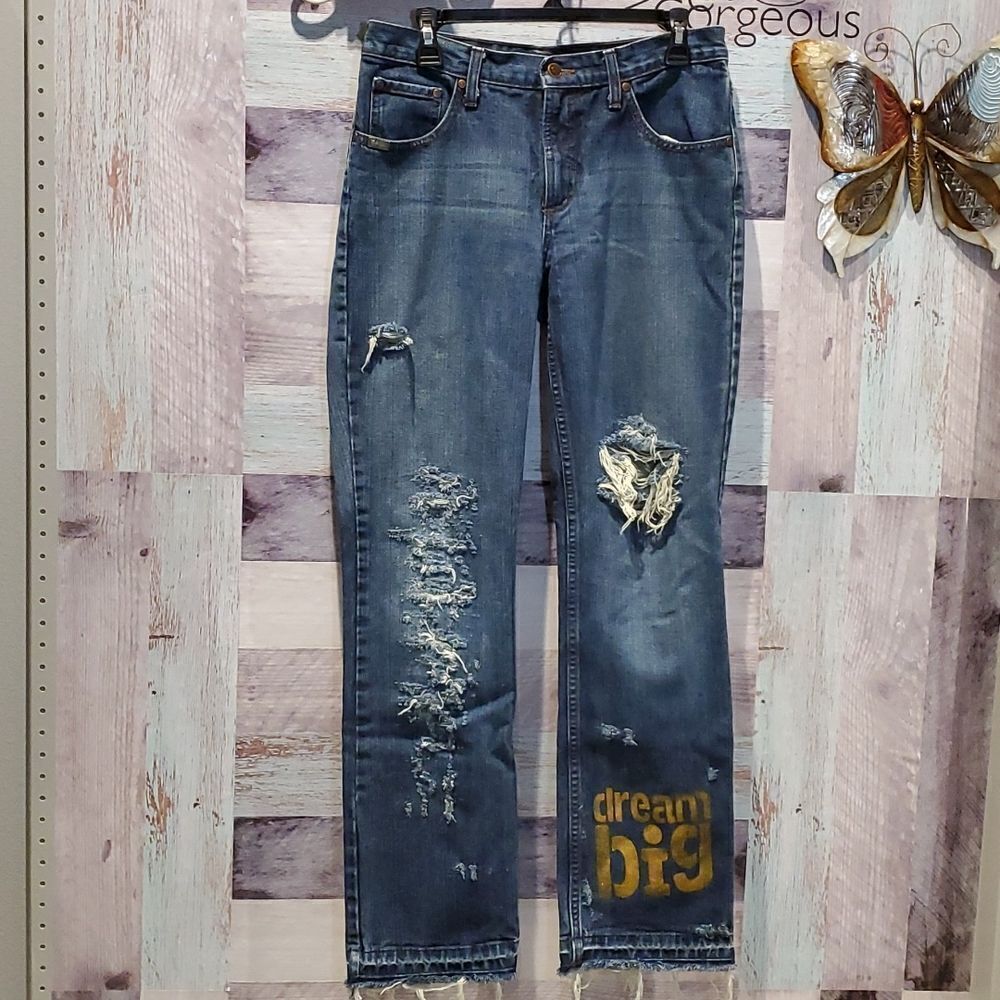 Trashed Distressed "Dream Big" Cruel Girl Slim 9R Denim Jeans Holes OOAK